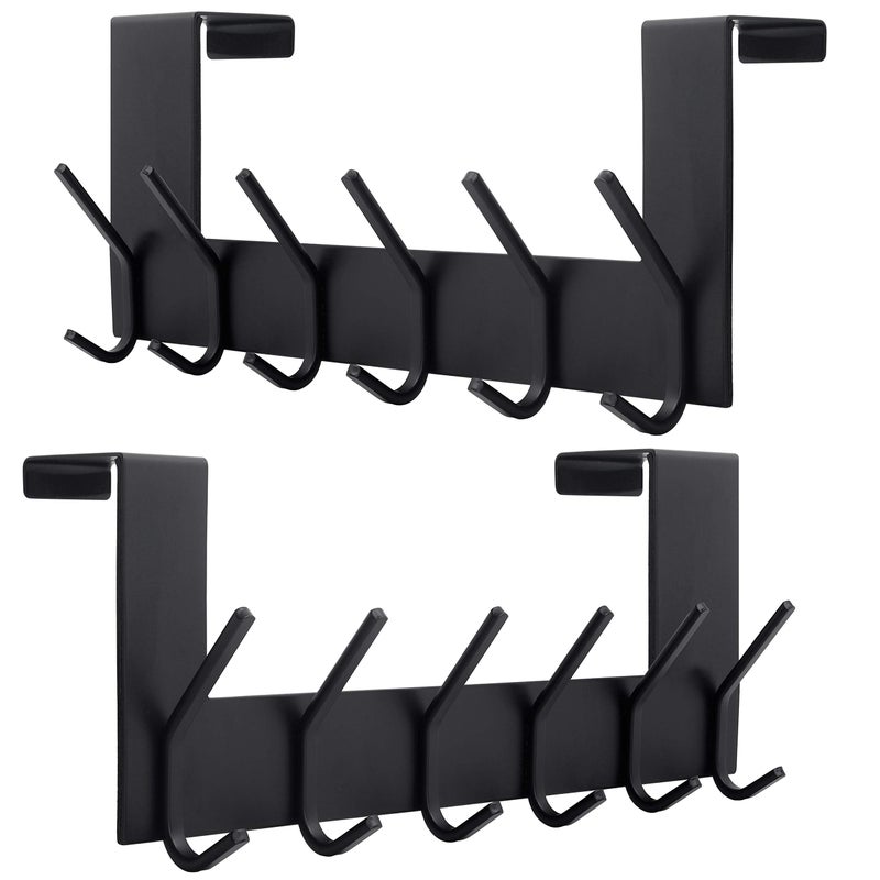 Dseap Over The Door Hook Hanger - 6 Hooks Over Door Coat Rack for Hanging Clothes Hat Towel, Black, 2 Packs - Image 1